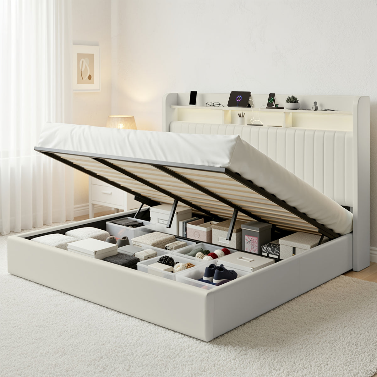 WEEWAY Lift Up Storage Bed Frame, Velvet Vertical Channel Headboard, LED Light And Charging Station, Hydraulic Support, Noise-Free Wooden Slats, No Box Spring Needed, Bedroom Furniture, Masterroom, Guestroom, White, Black, Cream, Grey, Free Shipping