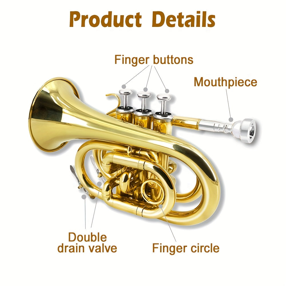 WUQIMUSC Bb Pocket Trumpet Nickel Plated, Brass Beginner Trumpet with 7C Mouthpiece, Case, Cleaning Kit & Gloves Musical Instruments Gift
