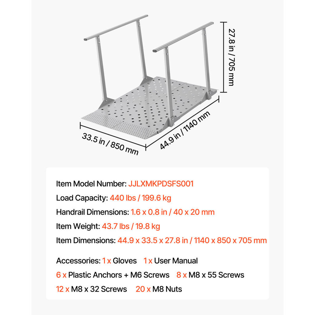 VEVOR Wheelchair Ramp with Handrails, 44.9 x 33.5 in, Heavy Duty Aluminum Handicap Ramp, 440 lbs Capacity, Non-Slip Portable Threshold Ramps for Home Steps, Stairs, Doorways, Curbs, Walkers, Scooters