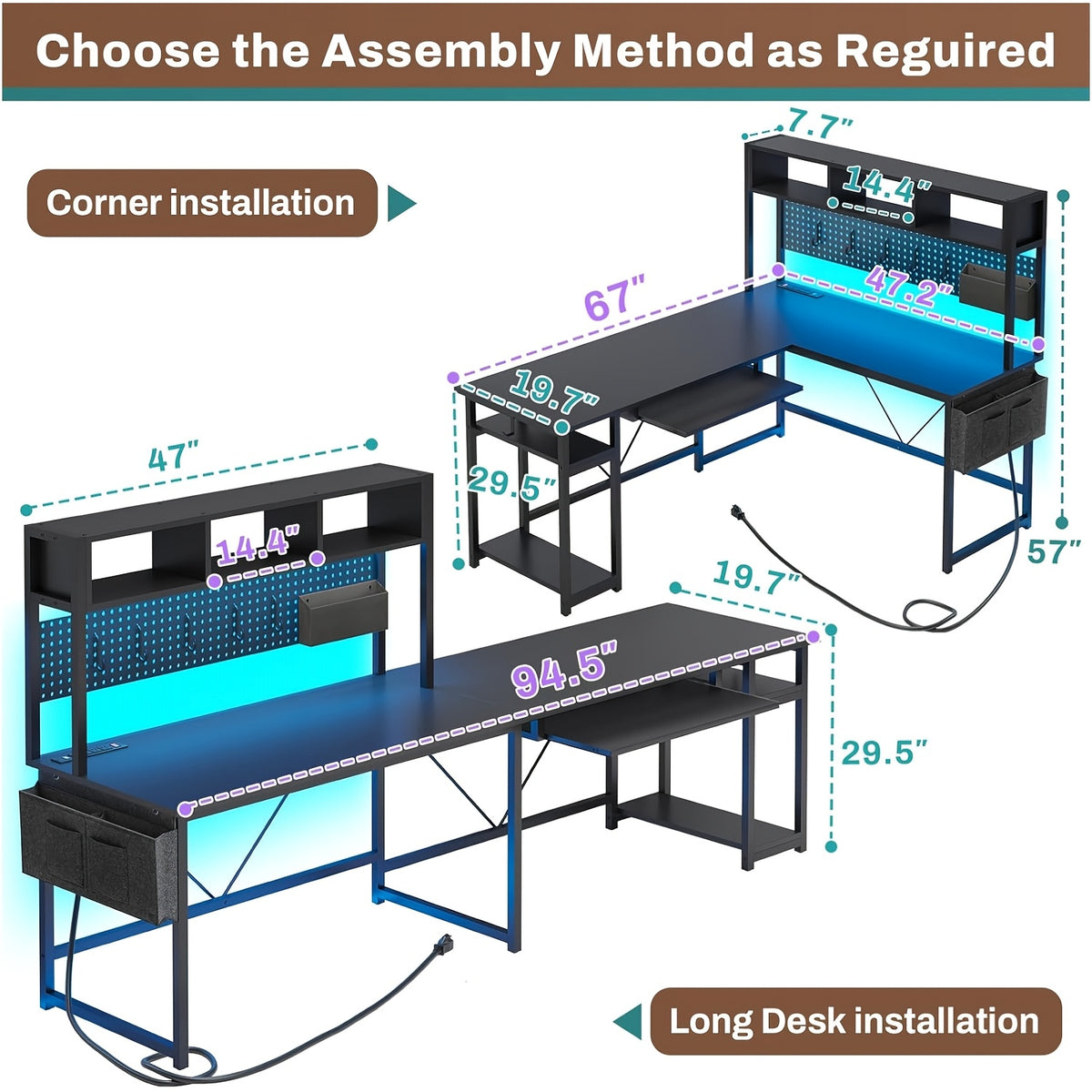 L-Shaped Gaming Desk, Reversible from a 67-Inch Corner Setup to a 94.5-Inch Two-Person Workstation