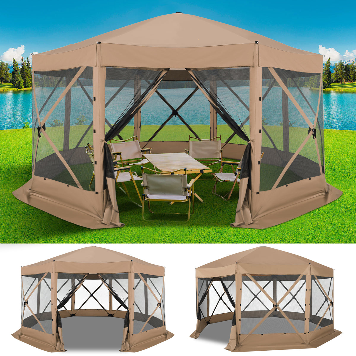 12X12Ft Pop-Up Canopy, Without Cloths, with Octagonal Mesh, One Person Can Quickly Build with a Handbag And Ground Pile, Suitable for Camping, Outdoor Activities