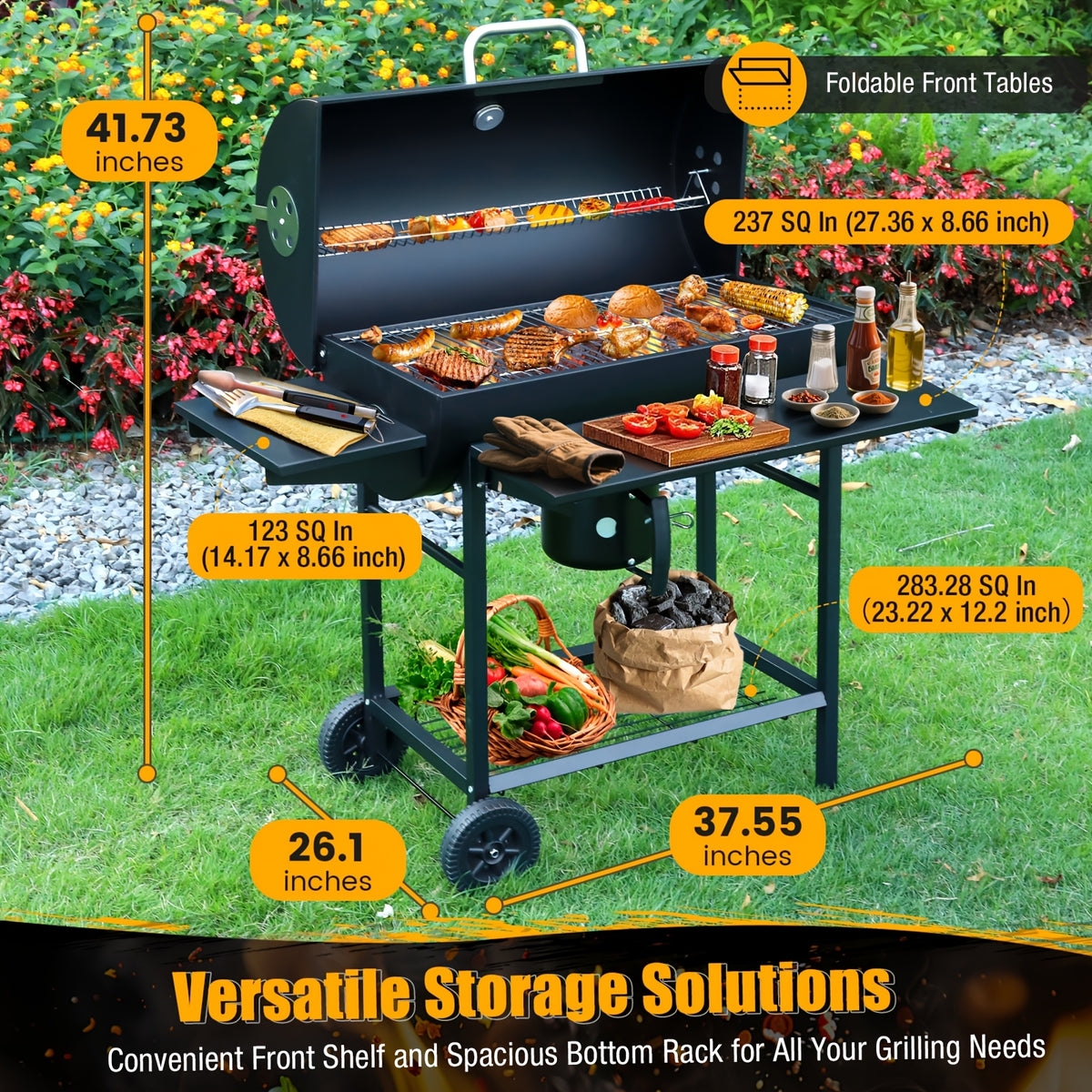 Charcoal BBQ Grills Outdoor - Barrel Charcoal Grill with Offset Smoker(Model: L)/ Outdoor BBQ Grill with Side Table(Model:M/XL-A/XL-C)for Backyard, Patio, Parties, Camping, Outdoor Cooking, Large Event Gathering, Black