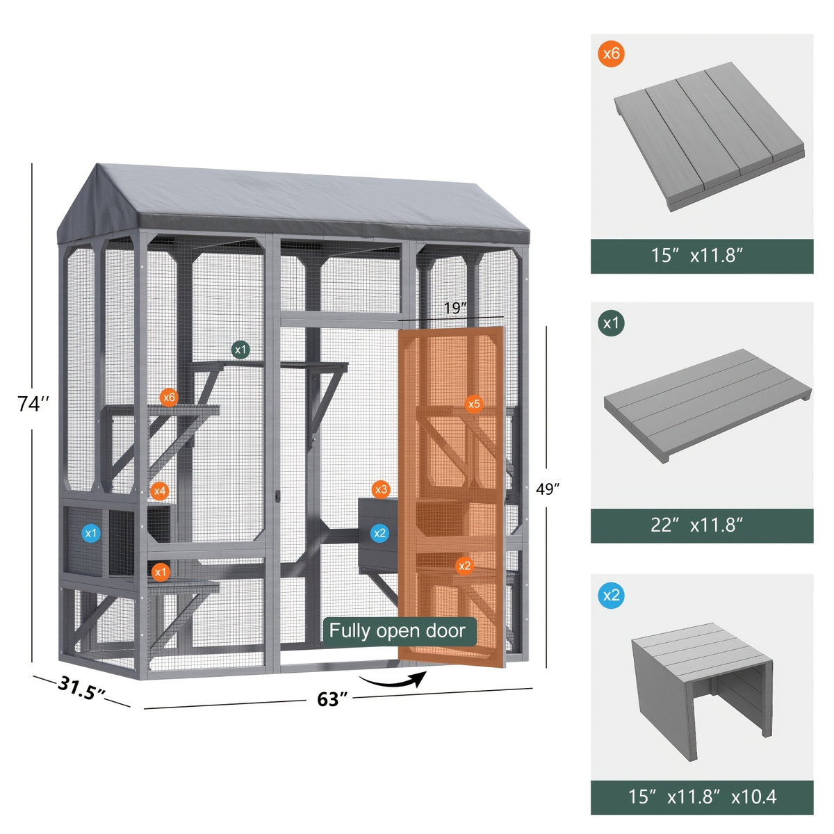 74 Inch Catio Outdoor Cat Enclosure, Large Cat House for Mulitiple Cats Walk In Cat Cage with Cover And Sunshine Panel Roof, Feral Cat Shelter with 7 Platforms And 2 Resting Box