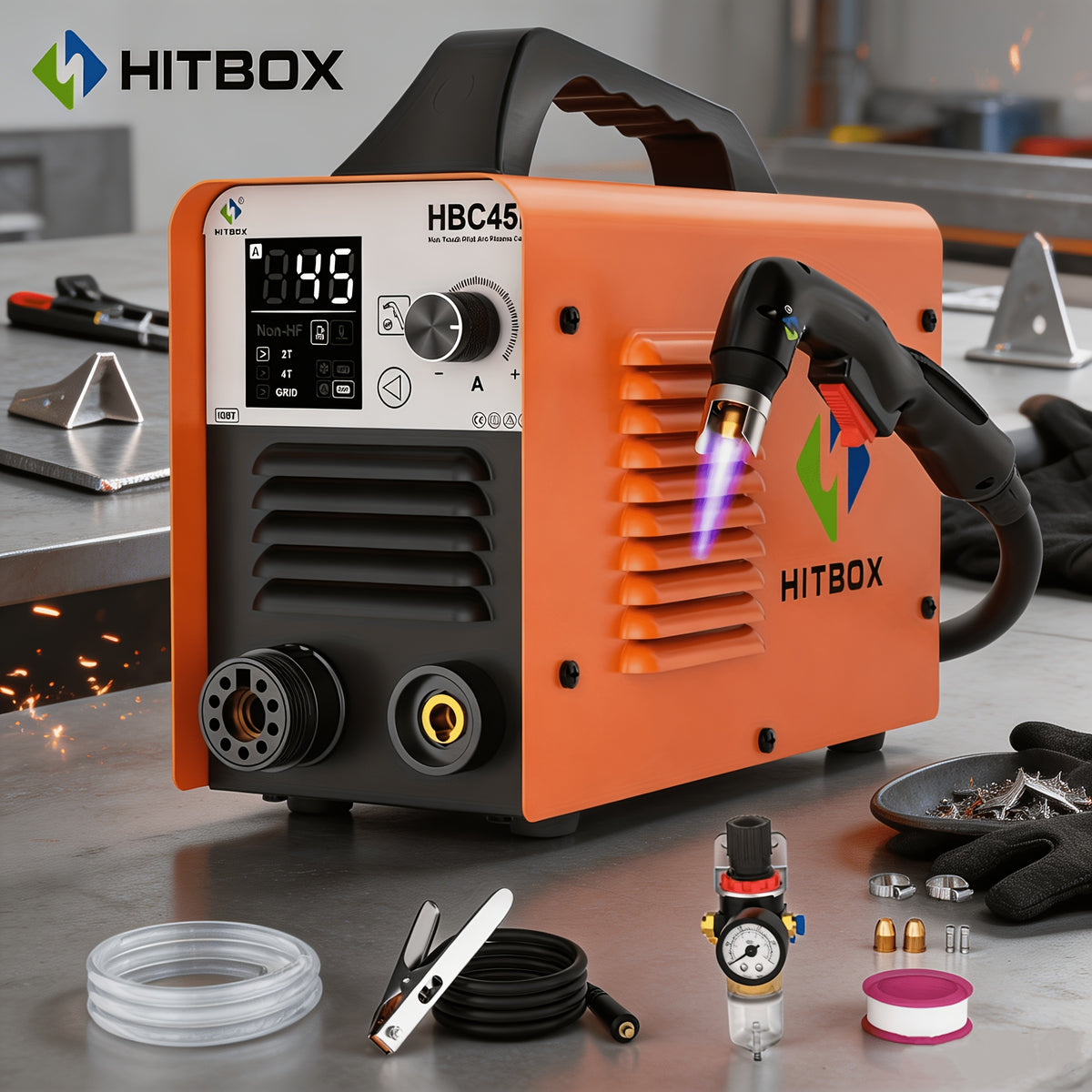 HITBOX HBC45II Plasma Cutter 110V/230V, 1/2" Clean Cut & 3/4" Max Cutting Non-Touch Pilot Arc Portable Metal Cutting Machine with LED Display & IGBT Inverter Updated Version for /Stainless/Galvanized & Auto Repair with Consumable Set