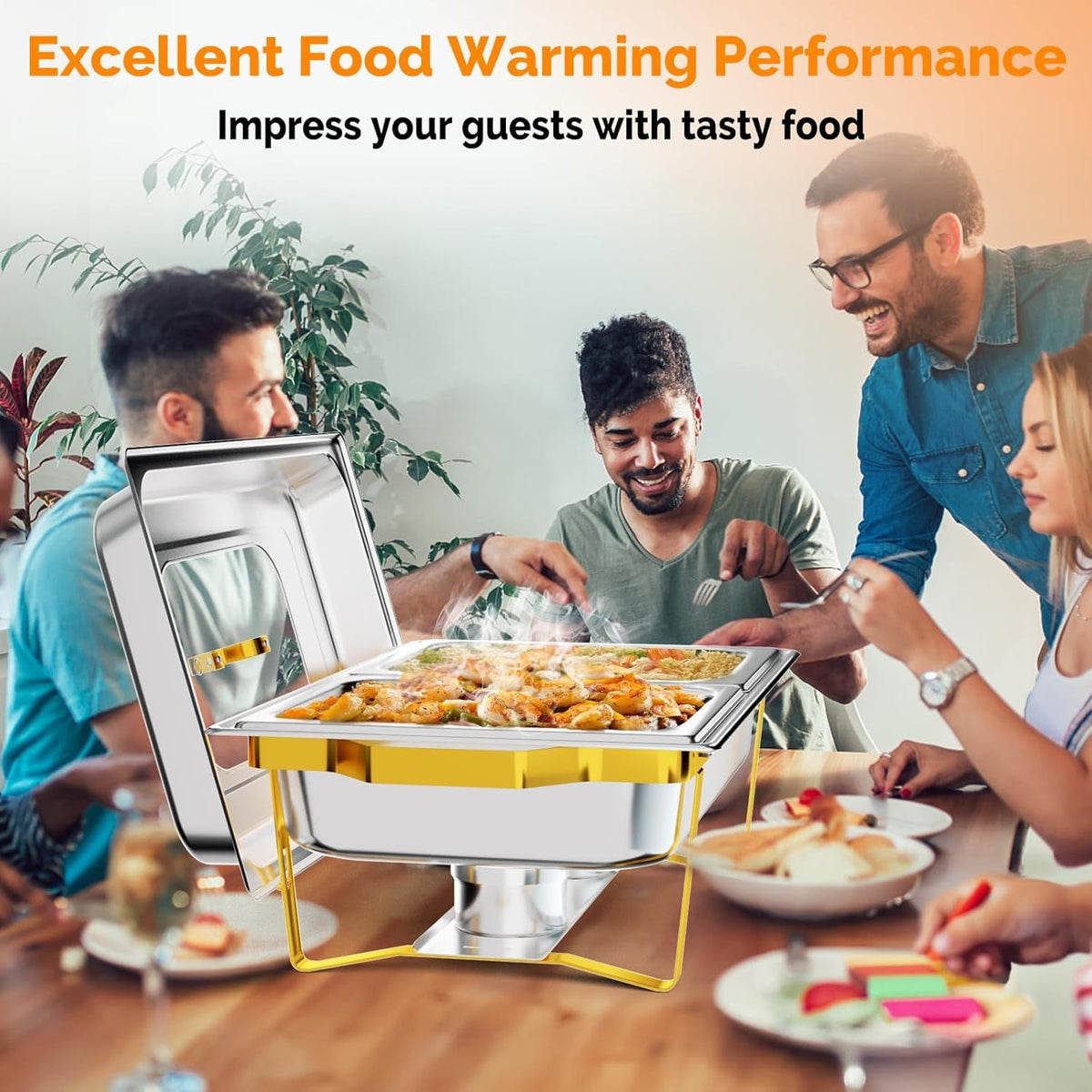 MEFEIR Chafing Dishes for Buffet 4 Pack, 9QT Chafing Dish with Multiple Food Pans Combo,Stainless Steel Buffet Servers and Warmers with Glass Lid & Folding Frame for Parties Weddings, Gold & Silver only for cooking