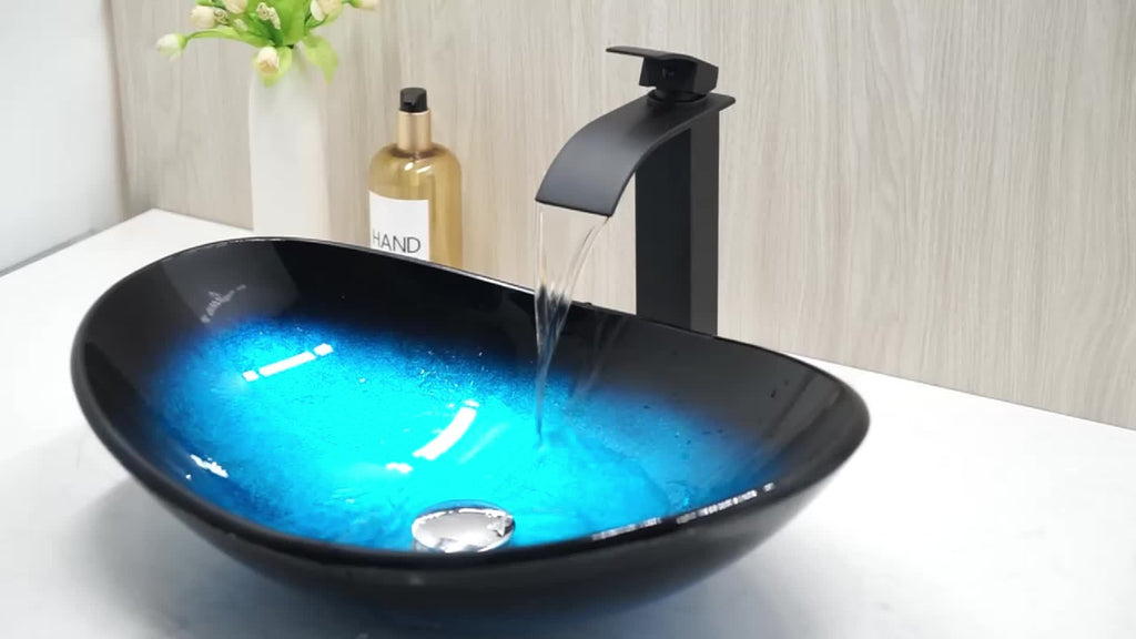 Contemporary Oval Bathroom Sink - Tempered Glass, Black & Blue with Waterfall Faucet and Pop-Up Drain, Durable Countertop Basin
