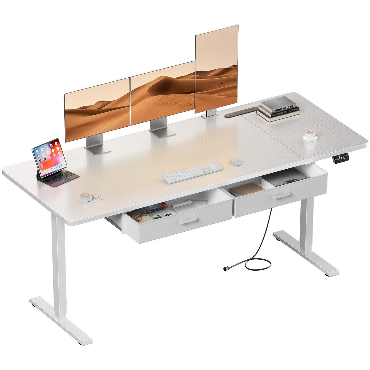 Electric Standing Desk with Dual Drawers and Built-In Power Panel for Home Offices and Gaming Setups