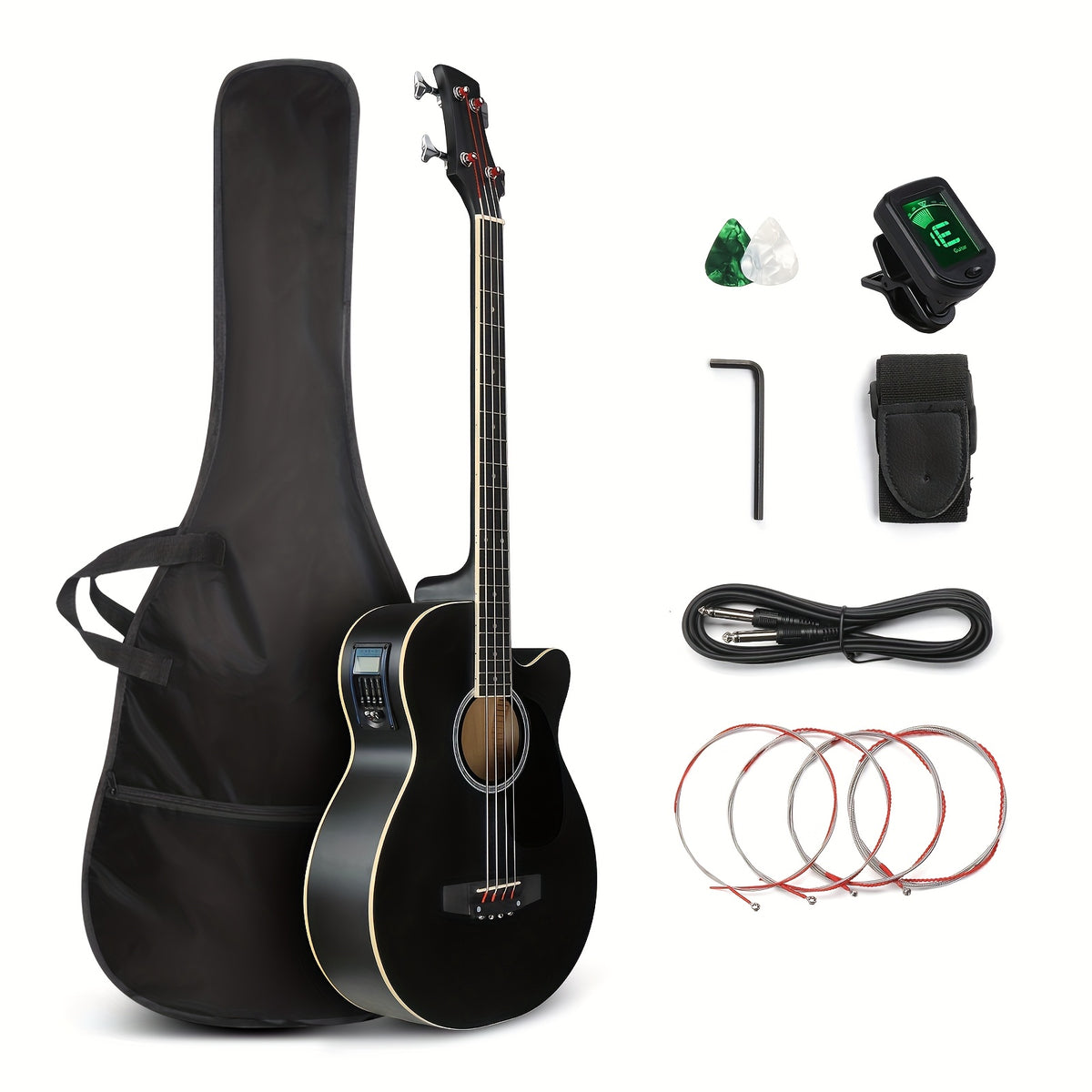 Glarry 4-String Full Size Acoustic-Electric Bass Guitar Kit, Folk Bass Guitar, Cutaway Style, for Beginner Student, ALL-IN-ONE Kit, Complete Accessories with Strap Gig Bag Picks Cable Wrench Tool, Gift for Music Lover