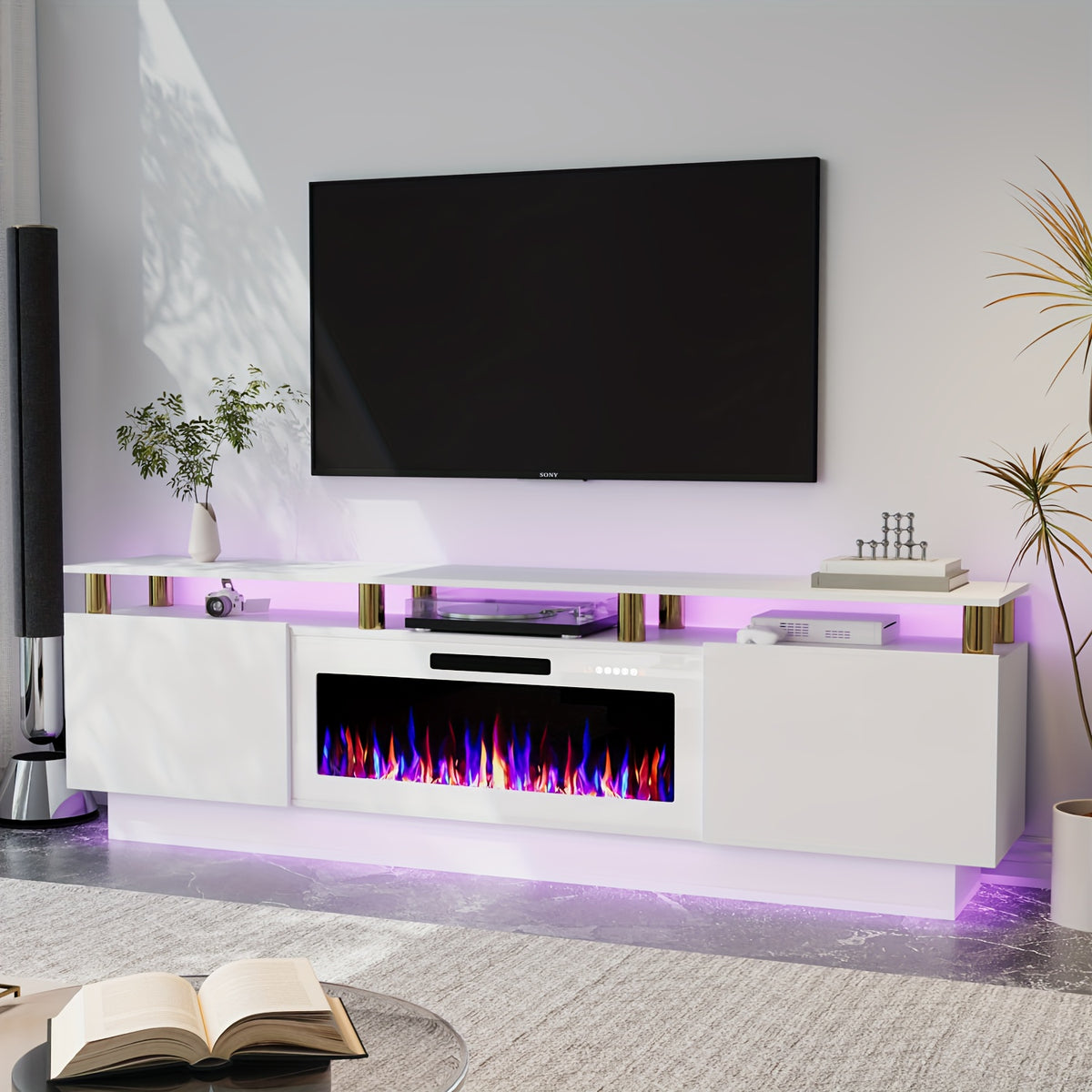 80 Inch LED Entertainment Center with 36 Inch Fireplace, for TVs Up to 90 Inches, Modern Wood TV Cabinet with High-gloss Storage, TV Stand with LED Light Strip Fireplace for Living Room