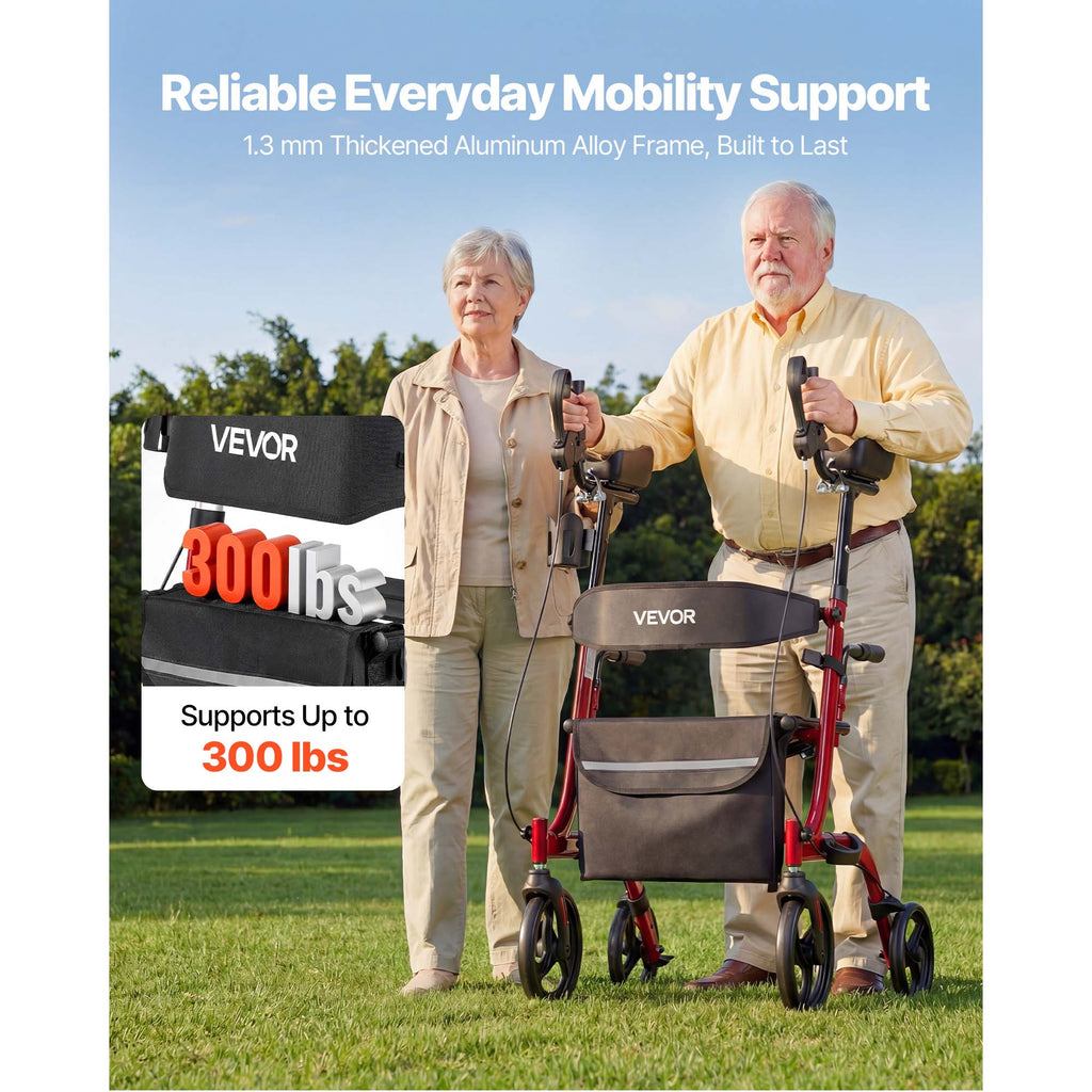 VEVOR Rollator Walker with Seat for Seniors, Foldable Rolling Walker, Lightweight Aluminum Mobility Walking Aid with PVC Solid Wheels, Adjustable Handle, Storage Bag, Cup/Cane Holder - Supports 300LBS