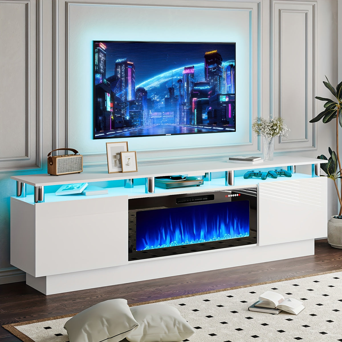 80 Inch LED Entertainment Center with 36 Inch Fireplace, for TVs Up to 90 Inches, Modern Wood TV Cabinet with High-gloss Storage, TV Stand with LED Light Strip Fireplace for Living Room