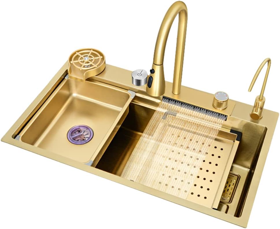 33x22 INCH Gold Flying Rain Drop In Stainless Steel Watefall Kitchen Sink Single Bowl with Pull Down Faucet Set