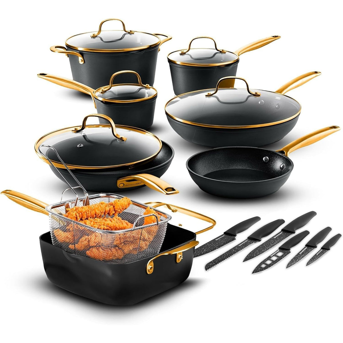Granitestone Armor Max 20 Pc Hard Anodized Pots and Pans Set Non Stick, Induction Cookware Sets, Anodized Cookware Sets, Nonstick Cookware Set with Knife Set and Deep Fryer, Oven & Dishwasher Safe