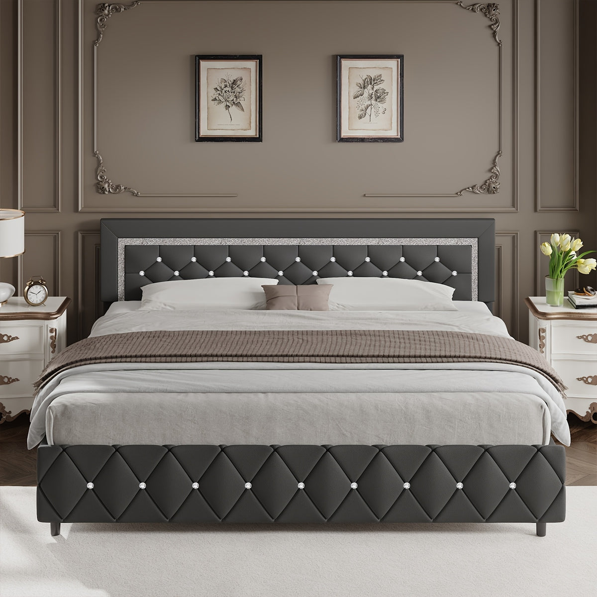 4ever2buy Twin Full Queen King Platform Bed Frame with Upholstered Diamond Headboard, Mattress Foundation with Strong Wooden Slats Support, No Box Spring Needed, Easy Assembly, Valentine's Day Gifts, Pearlized White, Black, Pink, Green, Grey, Beige