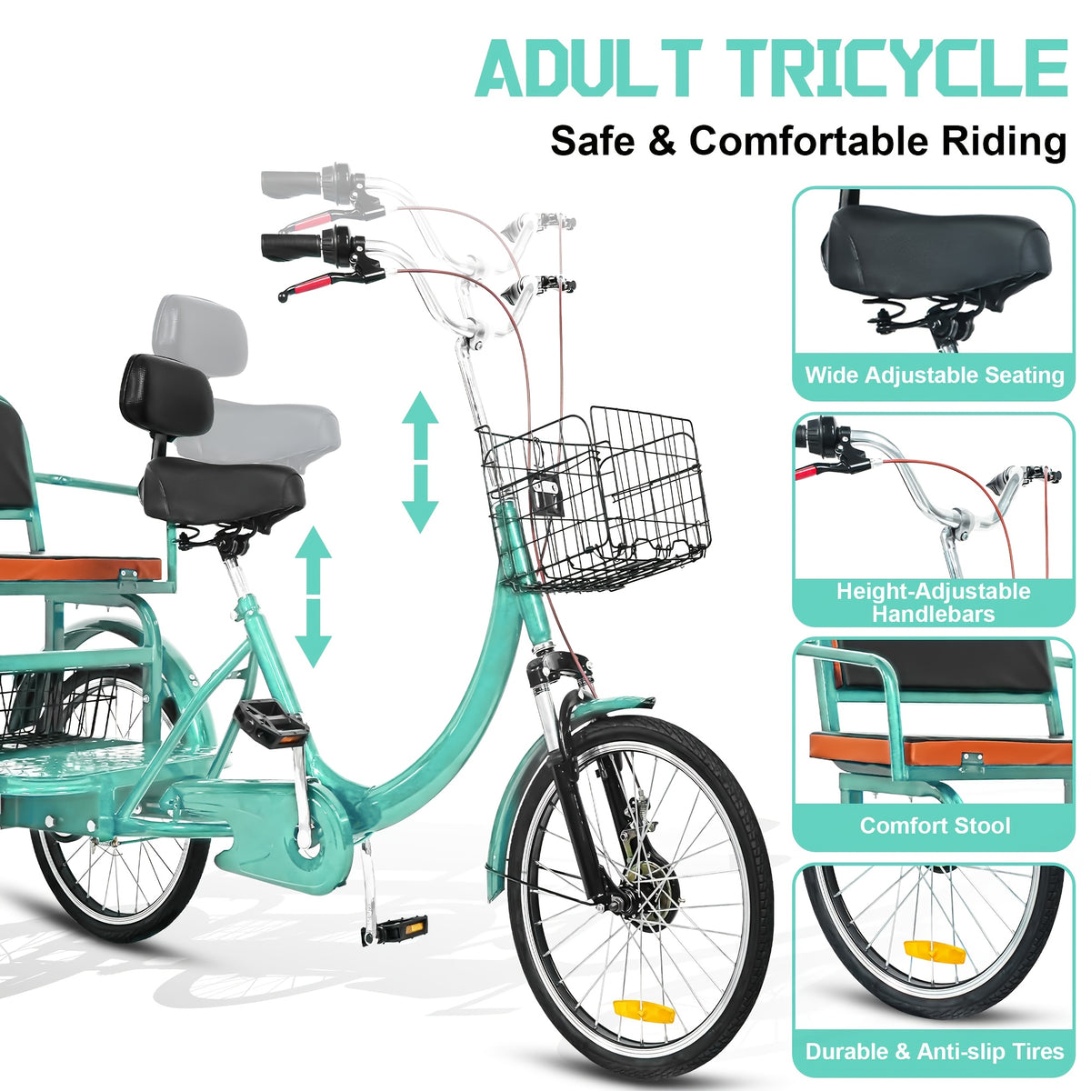Adult Tricycle 20-Inch Cruiser Bike, Low-Step Design with Adjustable Seat and Front/Rear Baskets