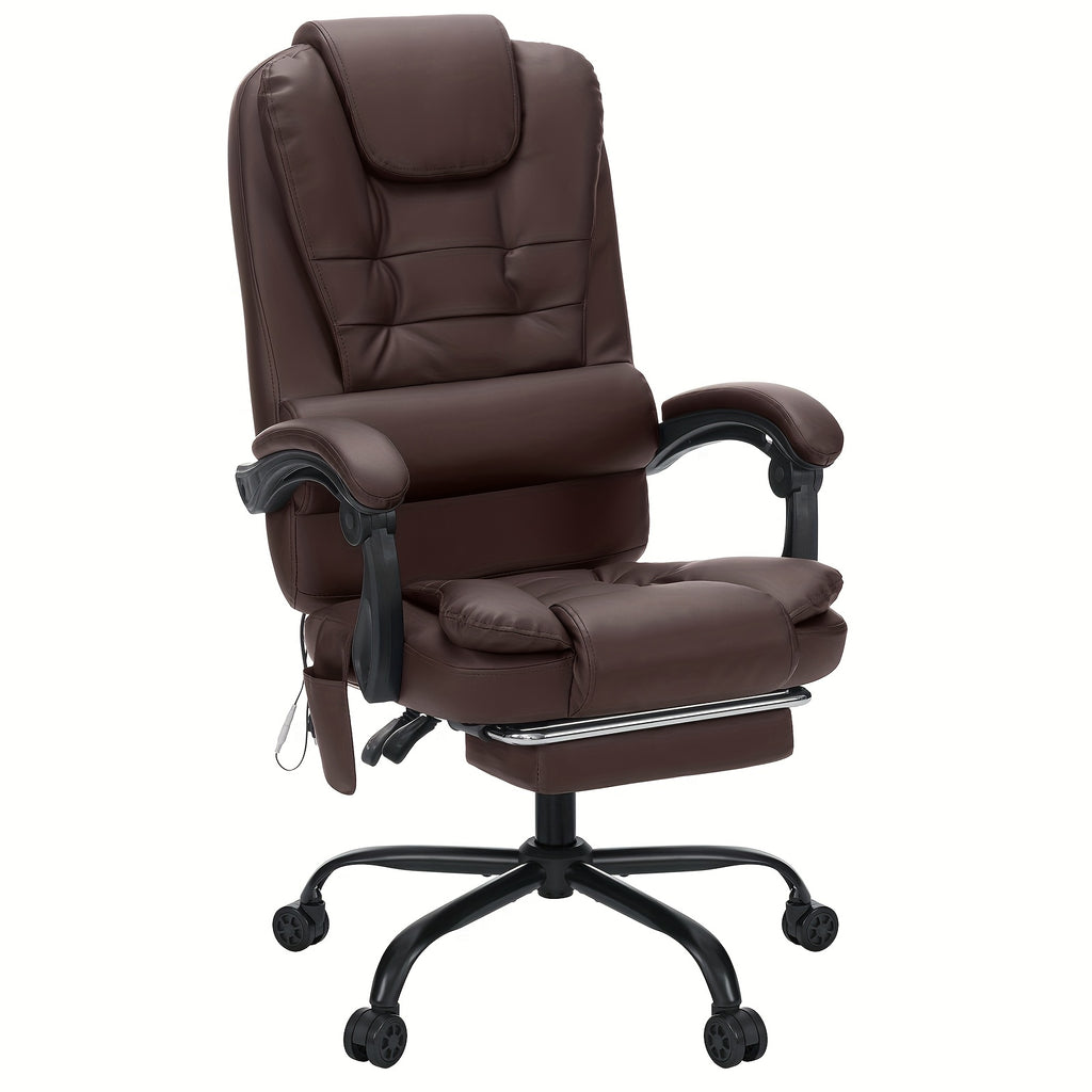 Office Chair Designed for Executives Featuring a 7-Point Massage System, Lumbar Support, And a Swivel Base. It Has a High Back Made of Leather And Includes a Reclining Footrest, Suitable for Home Office Use.
