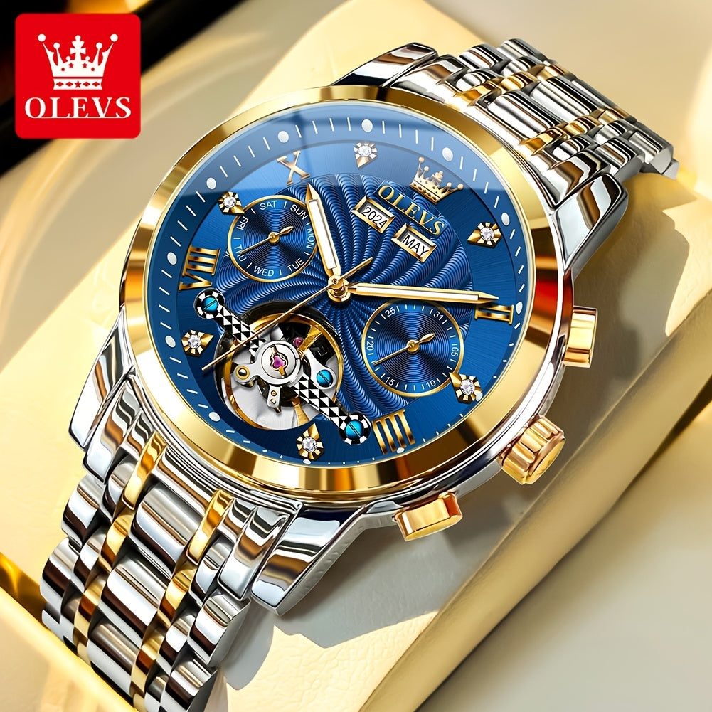 OLEVS Men's Mechanical Watch — Automatic Stainless Steel Wristwatch with Luminous Dual-Calendar Large Dial