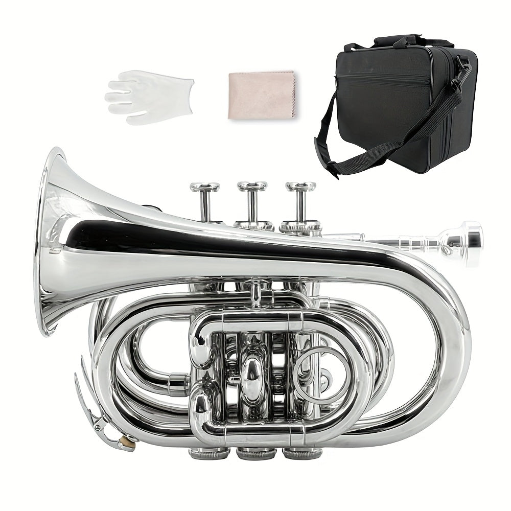 WUQIMUSC Bb Pocket Trumpet Nickel Plated, Brass Beginner Trumpet with 7C Mouthpiece, Case, Cleaning Kit & Gloves Musical Instruments Gift