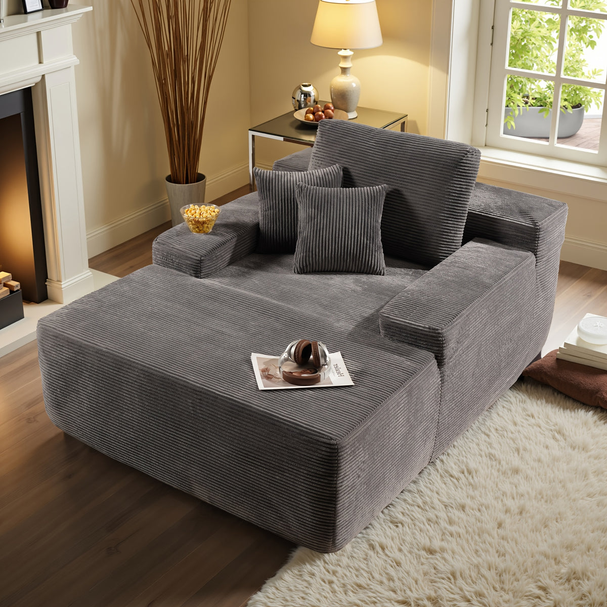67" Oversized Boneless Lounge Chaise - Corduroy/Plush Fabric/Teddy Fleece Floor Couch with Pillows And Armrests | Deep Seat Single Sofa Bed with High Density Sponge Cushion | U Sleeper Couch for Living Room, Apartment, Bedroom | No Assembly Required
