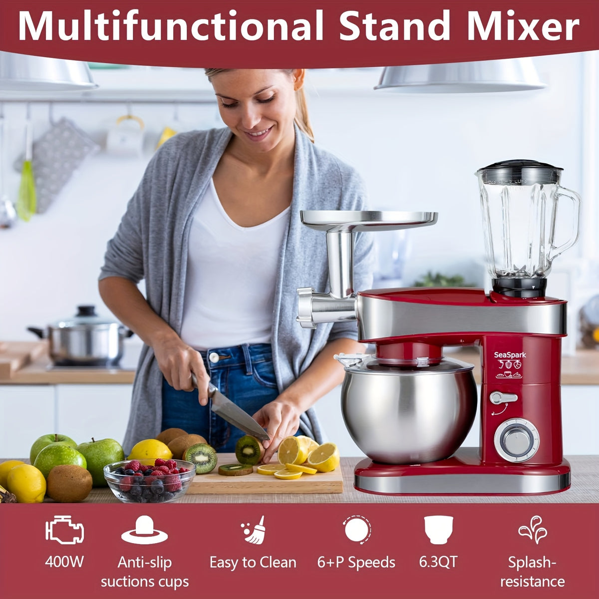 Household Vertical 6-in-1 Stand Mixers, 6-speed Pulse 6.3QT Tilting Kitchen Food Chef Machine, Equipped with Mixer, Dough Hook, Egg Beater, Spatula, Meat Grinder and Juicer Accessories, Red