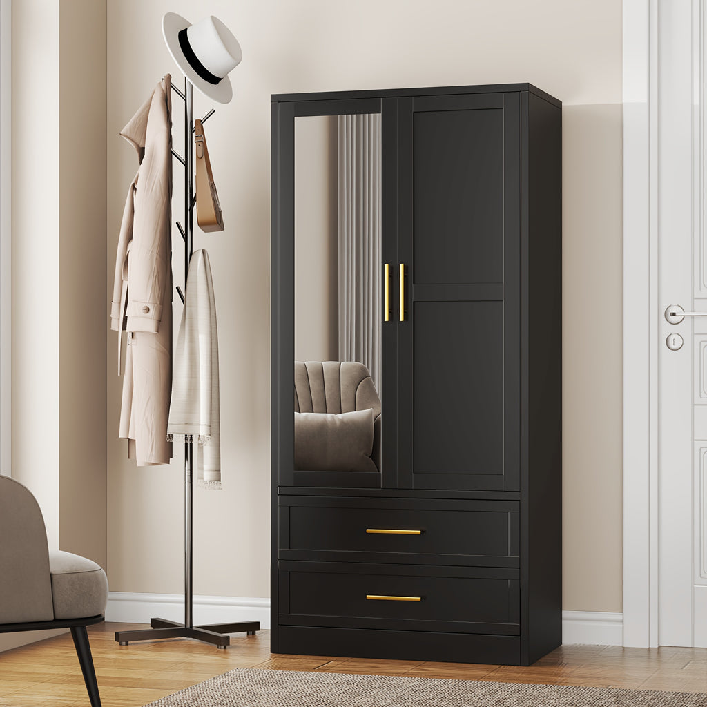 71 Inch Metal Wardrobe with Mirror, 2 Drawers, Adjustable Shelves And Hangers, Clothing Storage Cabinet for Bedroom