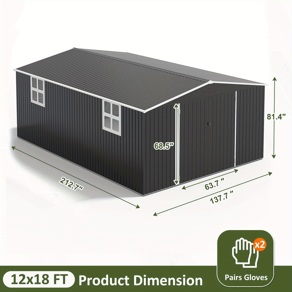 [Extra-Large Metal Shed] 5X3/12X16/12X18 FT Outdoor Storage Shed, Extra-Large Metal Shed With Hinged Door And Windows, Heavy-Duty Metal Tool Shed For Backyard, Garden, Patio, Or Lawn, Black