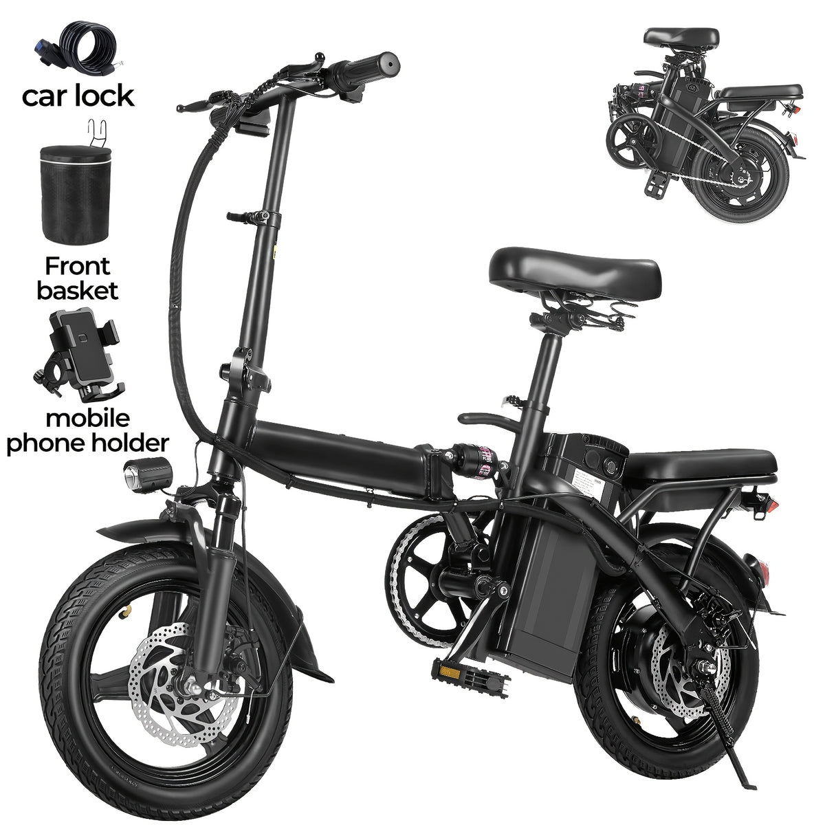 Folding Electric Bike for Adults and Teens, 500W Motor, Removable 48V Battery, Front Basket and Phone Mount