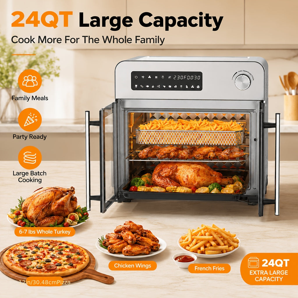 24QT Air Fryer Oven, 1700W French Door Air Fryer with 10 Presets, Dual Fan Air Circulation, 450°F Fast Heating, Rotisserie, Dehydrate, Keep Warm, Large Family Countertop Toaster Oven