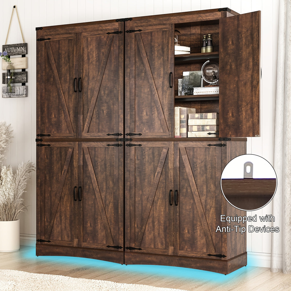 Farmhouse Tall Storage Cabinet with 4 Doors & Adjustable Shelves, 71in Pantry Cabinet for Kitchen, Living Room, Dining Room, Bathroom, Rustic Wood Storage Cabinet