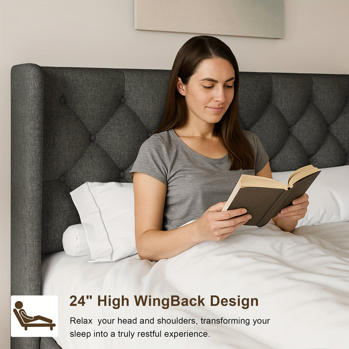 Valnase Modern Style Platform Bed Frame with 24"H Button Tufted Headboard, Solid Wood Slats Support, Artistic Legs Design - Dark Grey/Light Grey/Black Linen & White Velvet Options, Bed Frame for Home Bedroom