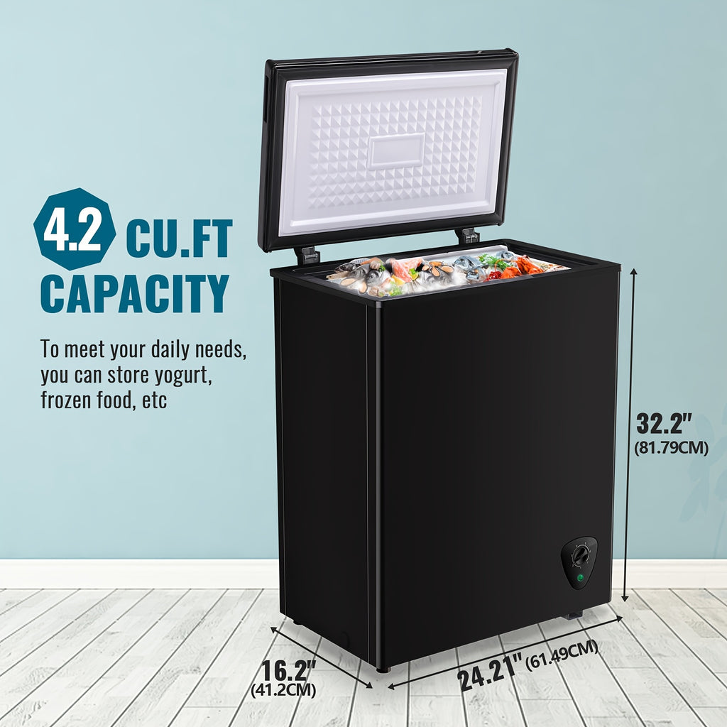 4.2 CU.FT. Compact Chest Freezer with 7 Adjustable Thermostat, Top Open Door Deep Freezer Compressor Cooling with Removable Storage Basket, Perfect for Home Office Dorm Or Apartment