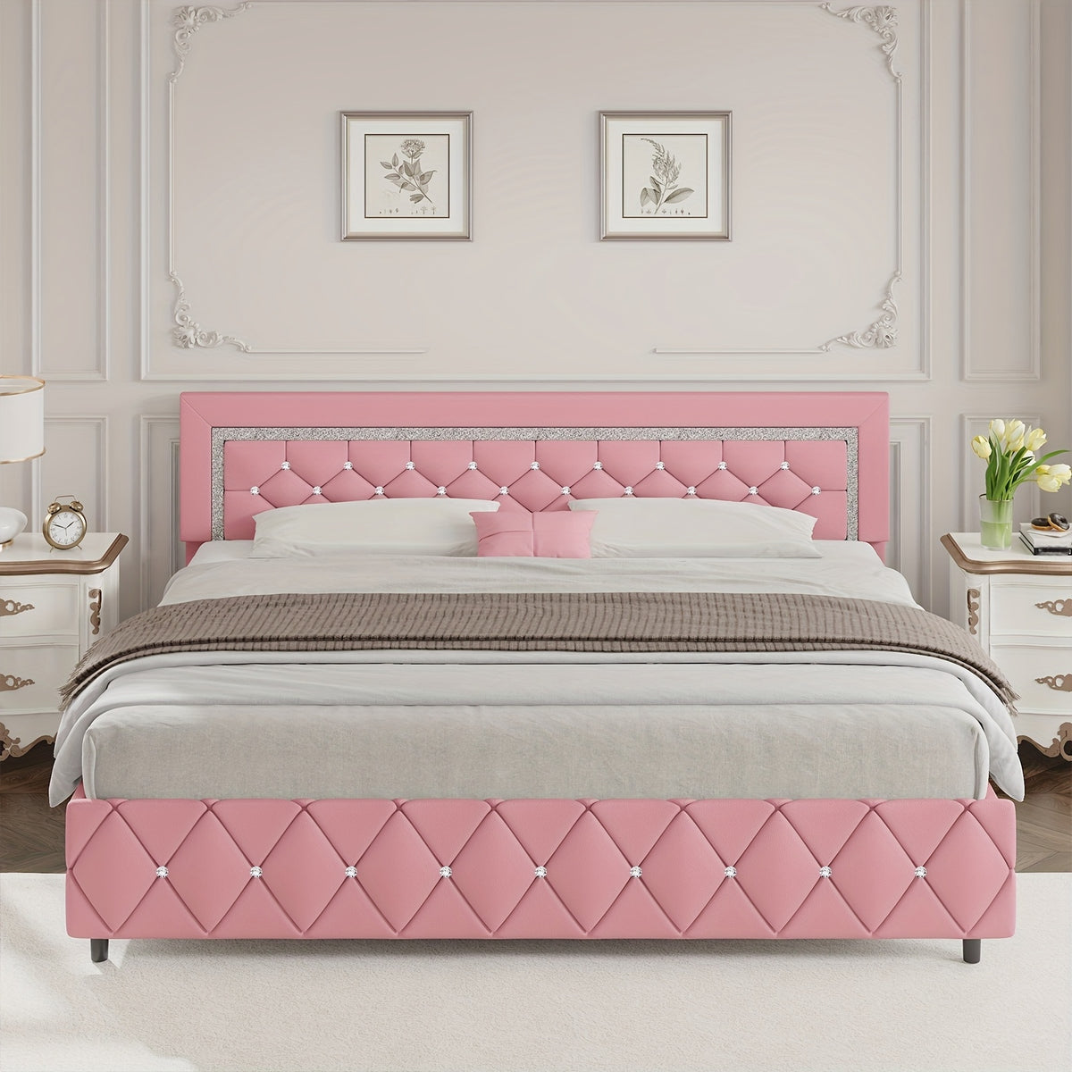 4ever2buy Twin Full Queen King Platform Bed Frame with Upholstered Diamond Headboard, Mattress Foundation with Strong Wooden Slats Support, No Box Spring Needed, Easy Assembly, Valentine's Day Gifts, Pearlized White, Black, Pink, Green, Grey, Beige