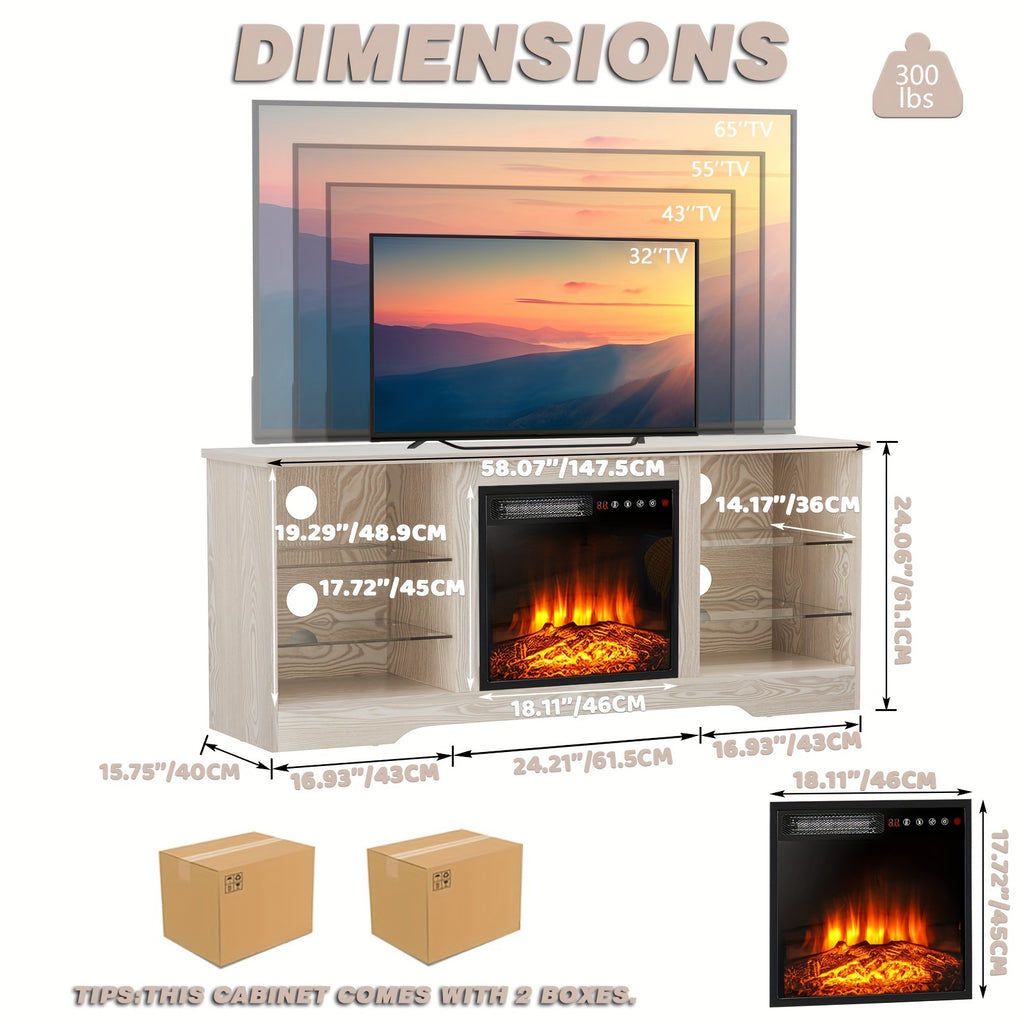 Fireplace TV Stand for TVs Up to 65 Inches Console with 18'' Electric Fireplace & Remote, Adjustable Glass Shelves & Storage Cabinets, Electric Fireplace with Heater, Hardwood/Engineered Wood Construction, Modern Entertainment Center for Living Room