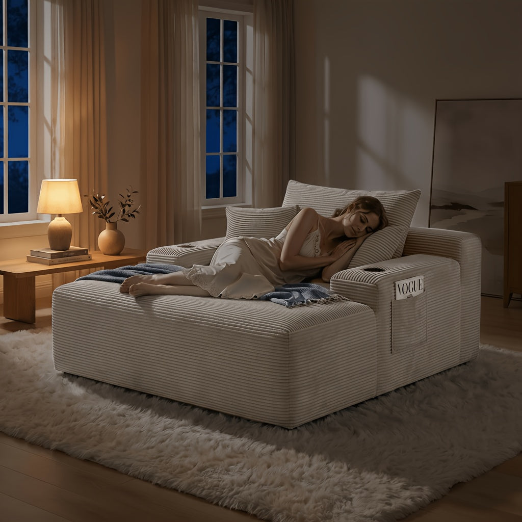 Extra-Large Boneless Sofa Chaise Lounge, with Cup Holder And Side Pockets, Living Room Sofa Chair Bed, Compressible High-Rebound Foldable Recliner, Supportive Pocket Spring System And High-Density Foam Padding, Non-Sinking Convertible Lounge Bed