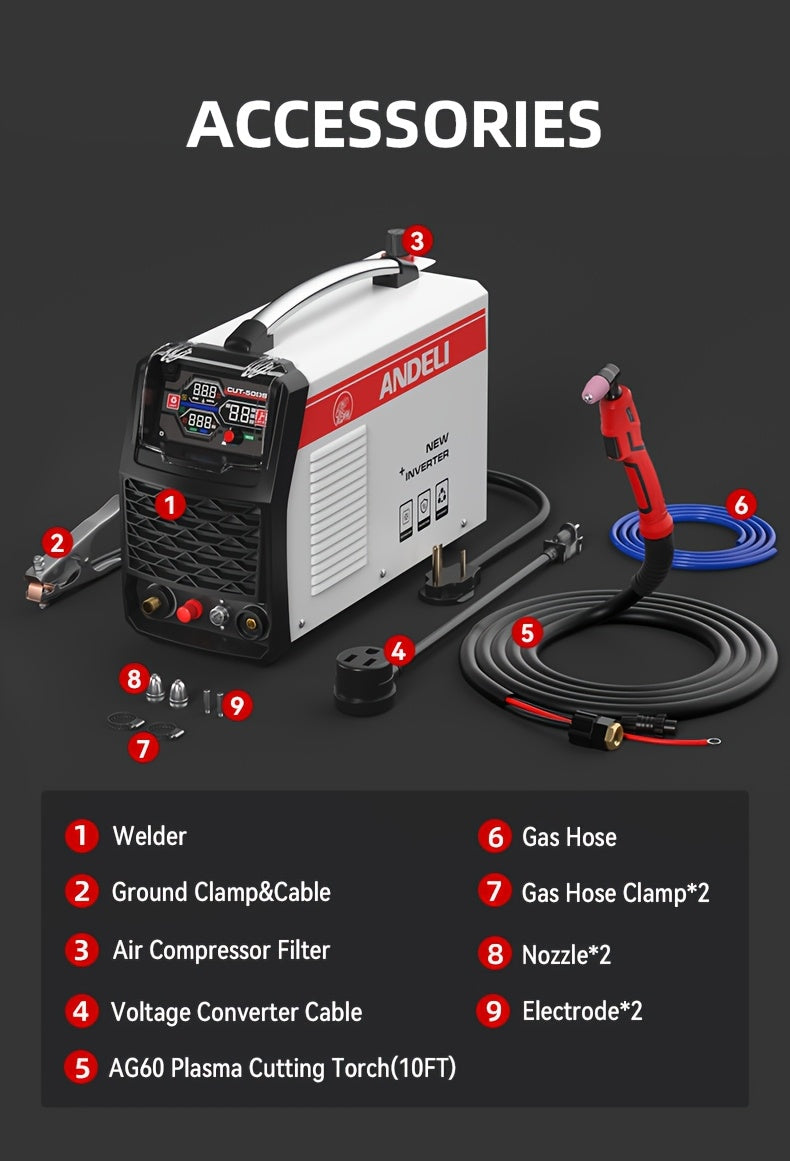 Plasma Cutting Machine 50APM Unguided Arc Plasma Cutting Machine Air Cutting Machine 110/220V Dual Voltage with DC Inverter IGBT, 1/2 Inch Clean Cutting, 3/4 Inch Extreme Cutting, Clearer LCD Display, High-Frequency Non-Contact Metal Cutting Machine