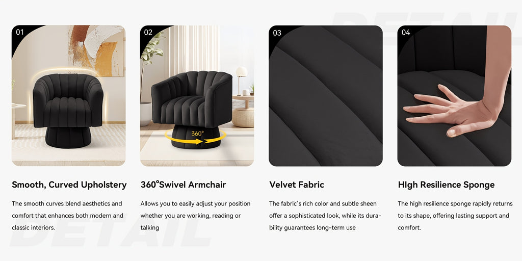Rotating Decorative Chair, 360° Swivel Barrel Chair, Mid-century Modern Chair, Wide Soft Cushion, Modern Velvet Fabric, Round Armchair, Suitable For Living Room, Lounge, Bedroom, Black, Free Shipping