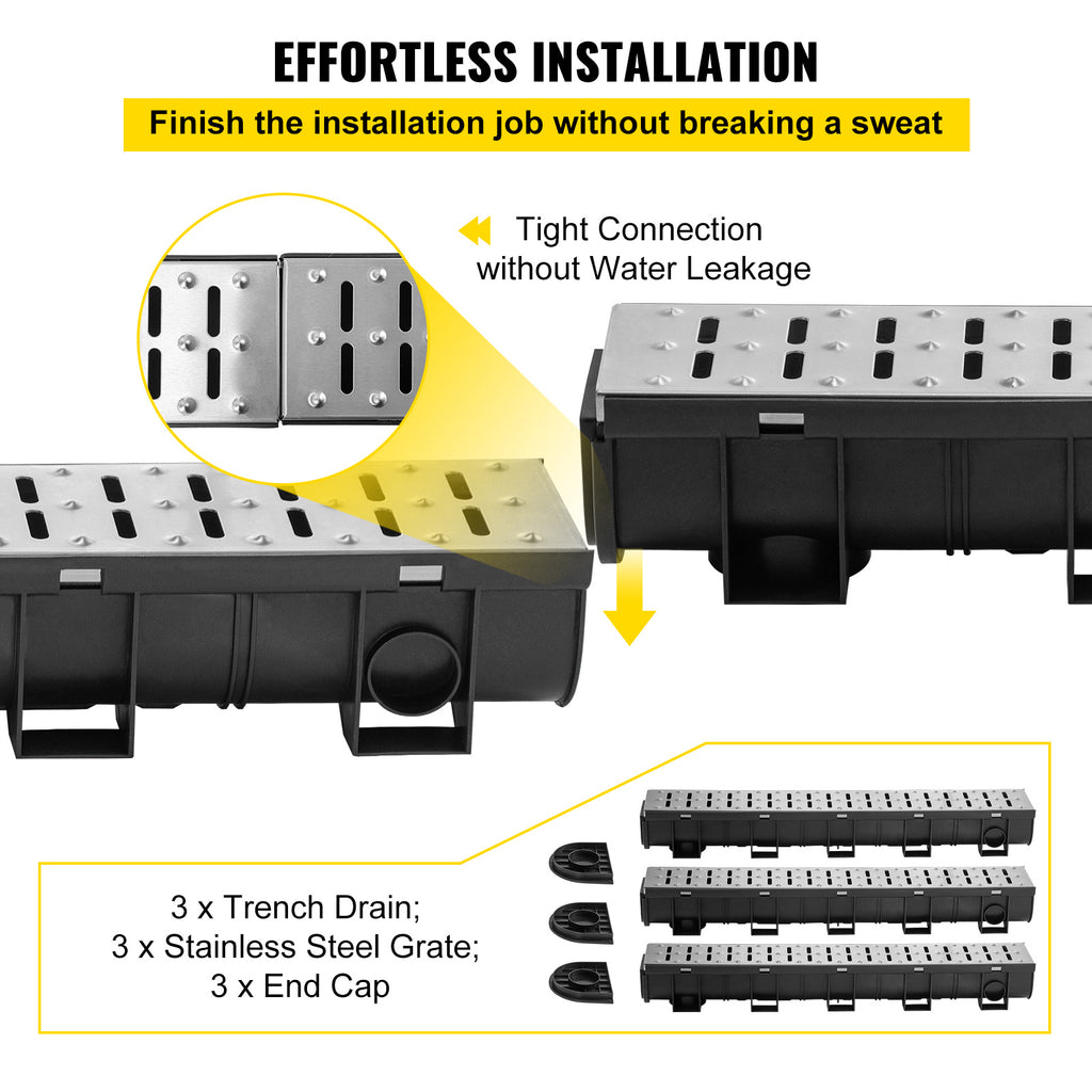 VEVOR Drainage System with Metal Grate, 5.9x5.1-Inch HDPE Channel for Garage Floors, Black Plastic Trench with End Caps, 3x39 Grate - 3 Pack