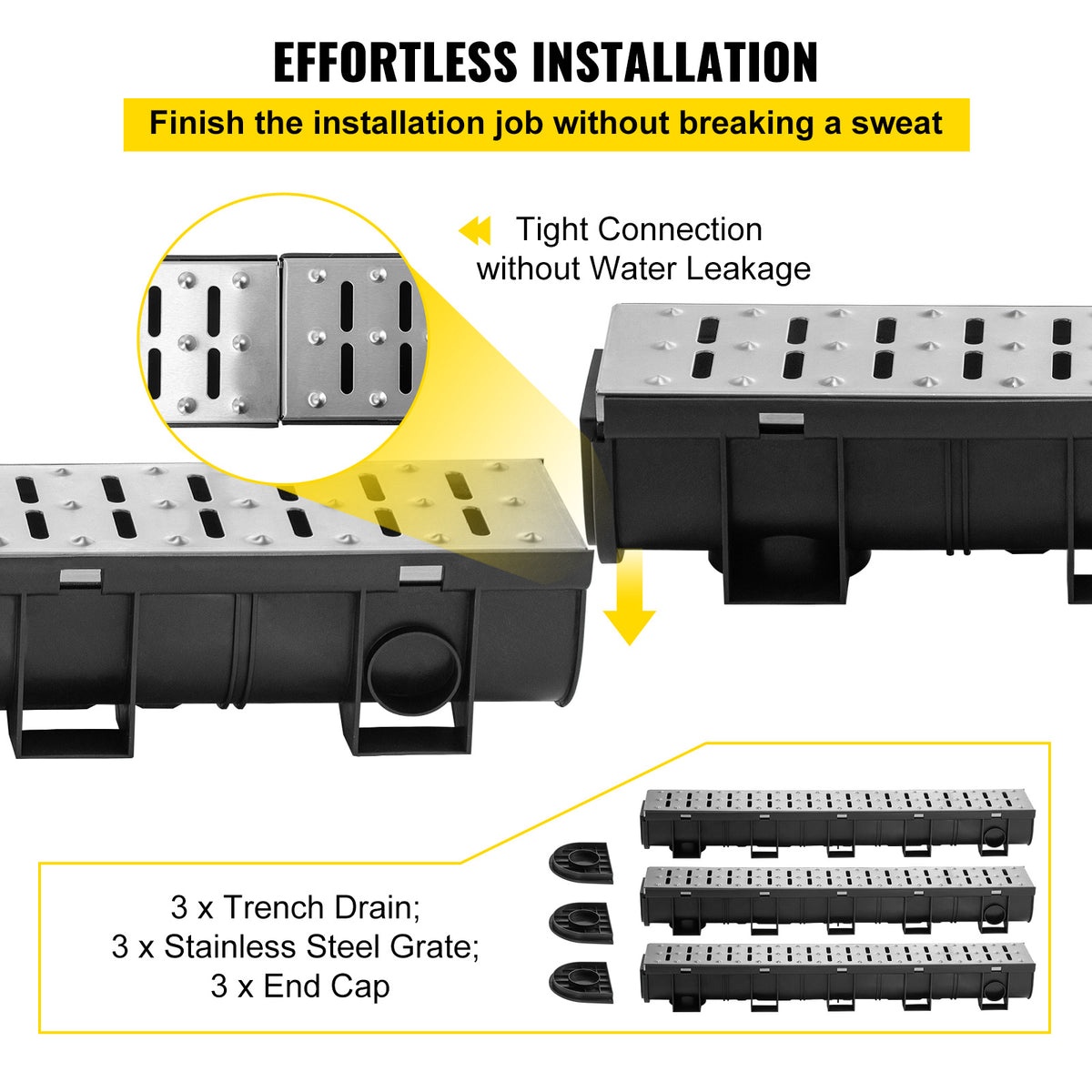 VEVOR Drainage System with Metal Grate, 5.9x5.1-Inch HDPE Channel for Garage Floors, Black Plastic Trench with End Caps, 3x39 Grate - 3 Pack