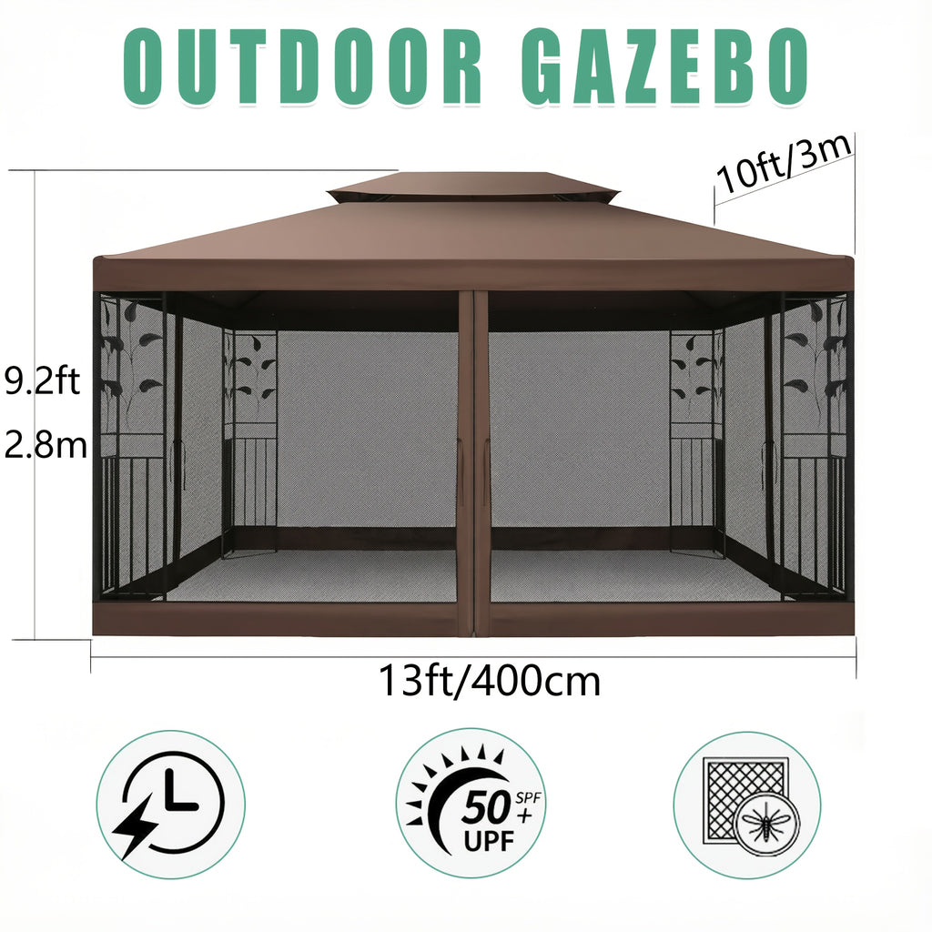 10×13ft Wedding Party Canopy, Outdoor Folding Gazebo, With 4 Detachable Mosquito Net Walls, With Ground Stakes, Easy Set Up, Sun Protection, Double Roof Design, Suitable For Garden, Courtyard, Outdoor, Villa, Terrace, Deck, Birthday Gift, Game Tent