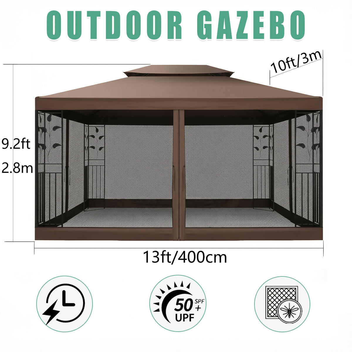 10×13ft Wedding Party Canopy, Outdoor Folding Gazebo, With 4 Detachable Mosquito Net Walls, With Ground Stakes, Easy Set Up, Sun Protection, Double Roof Design, Suitable For Garden, Courtyard, Outdoor, Villa, Terrace, Deck, Birthday Gift, Game Tent