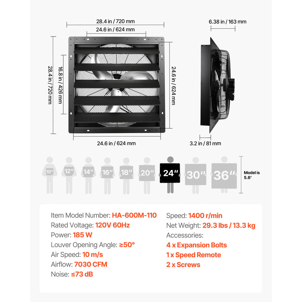 VEVOR 24 in Shutter Exhaust Fan Wall-Mount Automatic Louvers Variable Speed, Sturdy Steel Housing, Low Noise, AC Motor, 7030 CFM Ventilation and Cooling for Attic, Garage, Barn, Greenhouse, Workshop