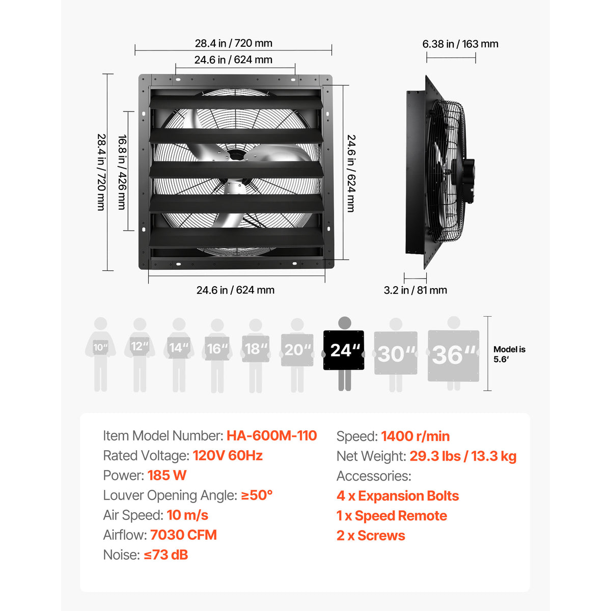 VEVOR 24 in Shutter Exhaust Fan Wall-Mount Automatic Louvers Variable Speed, Sturdy Steel Housing, Low Noise, AC Motor, 7030 CFM Ventilation and Cooling for Attic, Garage, Barn, Greenhouse, Workshop