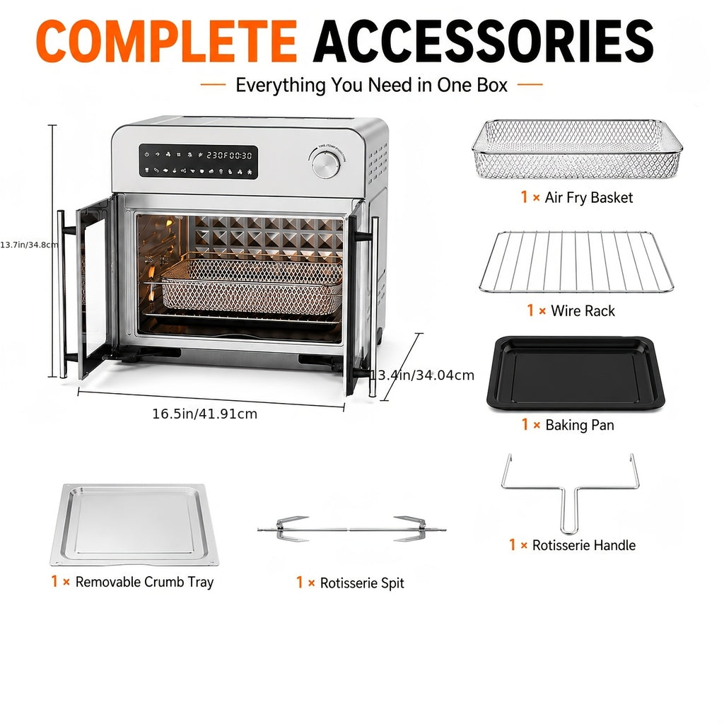 24QT Air Fryer Oven, 1700W French Door Air Fryer with 10 Presets, Dual Fan Air Circulation, 450°F Fast Heating, Rotisserie, Dehydrate, Keep Warm, Large Family Countertop Toaster Oven