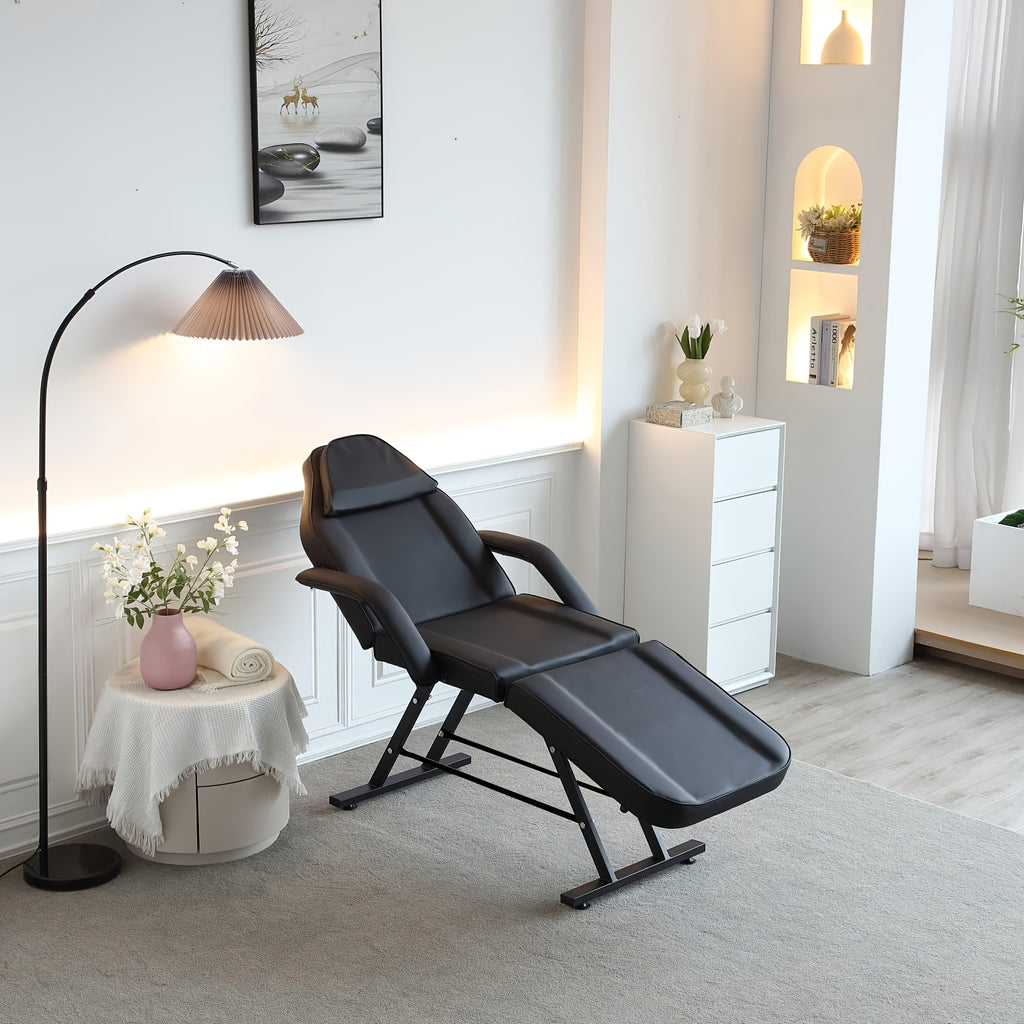 Beauty Bed with Stool Massage Table with Head Cushion 3-Section Adjustable Beauty Bed Professional Tattoo SPA Salon Chair (Black)