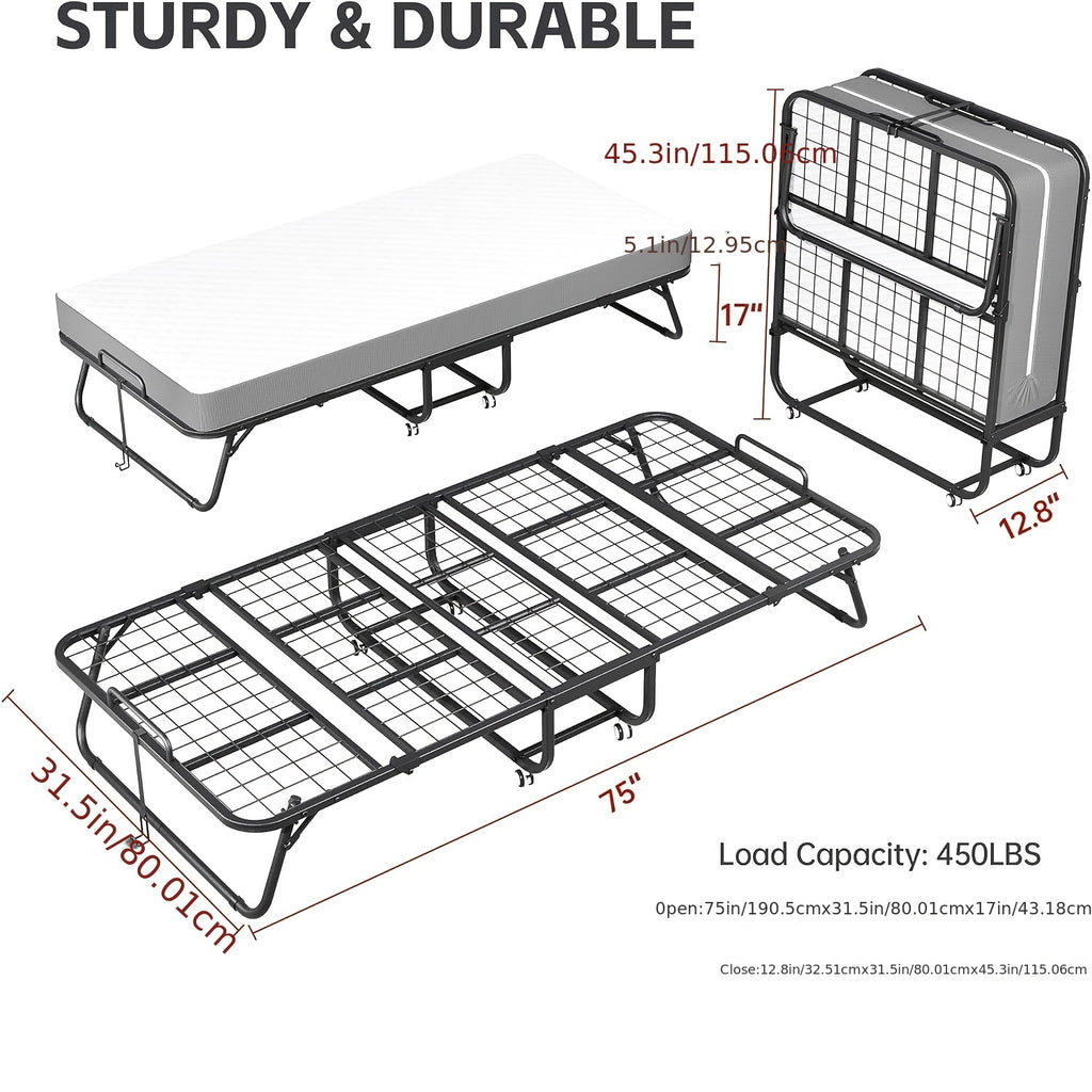 Compact & Durable 4-Section Folding Bed with Grey Fabric Cover - Sturdy Metal Frame, 75" x 31", Portable Roll-Away Design for Adults, Ideal for Guests, Students, Camping & Small Apartments, Garden Houses