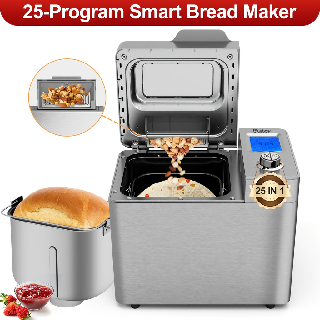 25-in-1 Bread Maker, 2LB Bread Machine With Auto Fruit/Nut Dispenser, Gluten-Free Setting, 3 Loaf Sizes& 3 Crust Colors, Keep Warm&13H Delay Timer, Digital Display, Stainless Steel