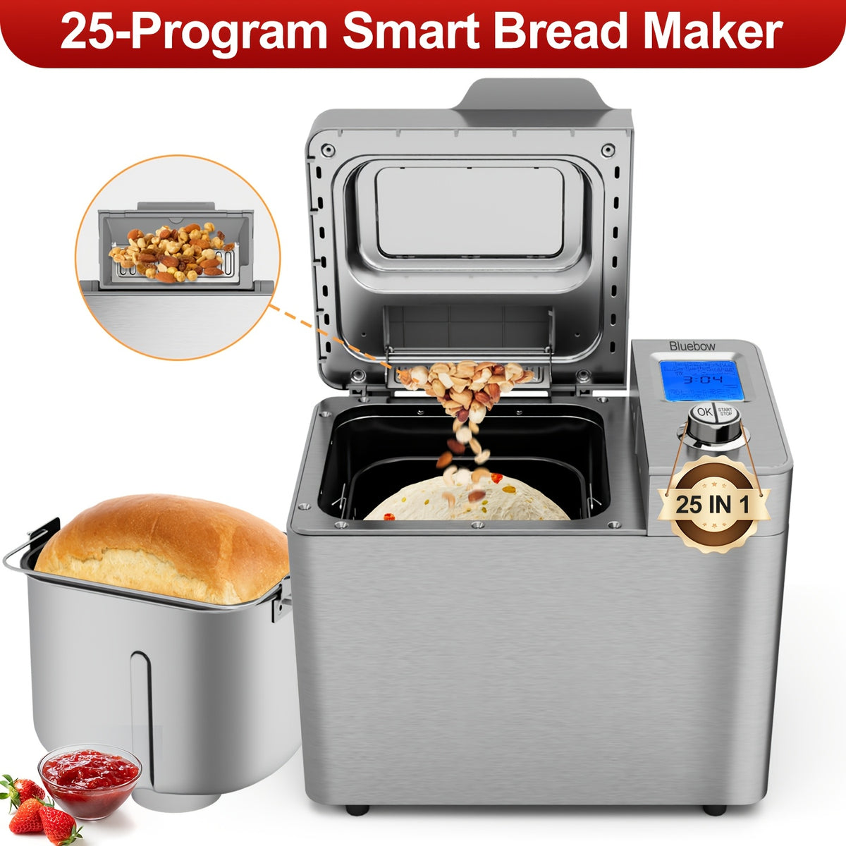 25-in-1 Bread Maker, 2LB Bread Machine With Auto Fruit/Nut Dispenser, Gluten-Free Setting, 3 Loaf Sizes& 3 Crust Colors, Keep Warm&13H Delay Timer, Digital Display, Stainless Steel