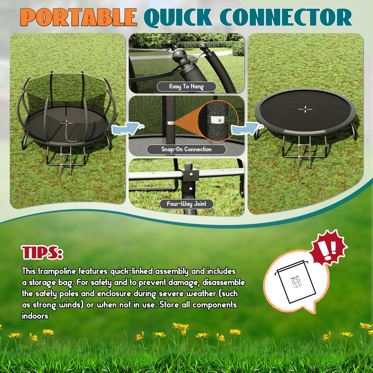 Indoor Outdoor Trampoline for Teenagers, 8ft/10ft/12ft/14ft/15ft/16ft with Safety Enclosure Net, Pop-up Quick Connector Frame, Basketball Hoop Optional, Includes Ladder, Blue/Black Backyard Jumping Trampoline