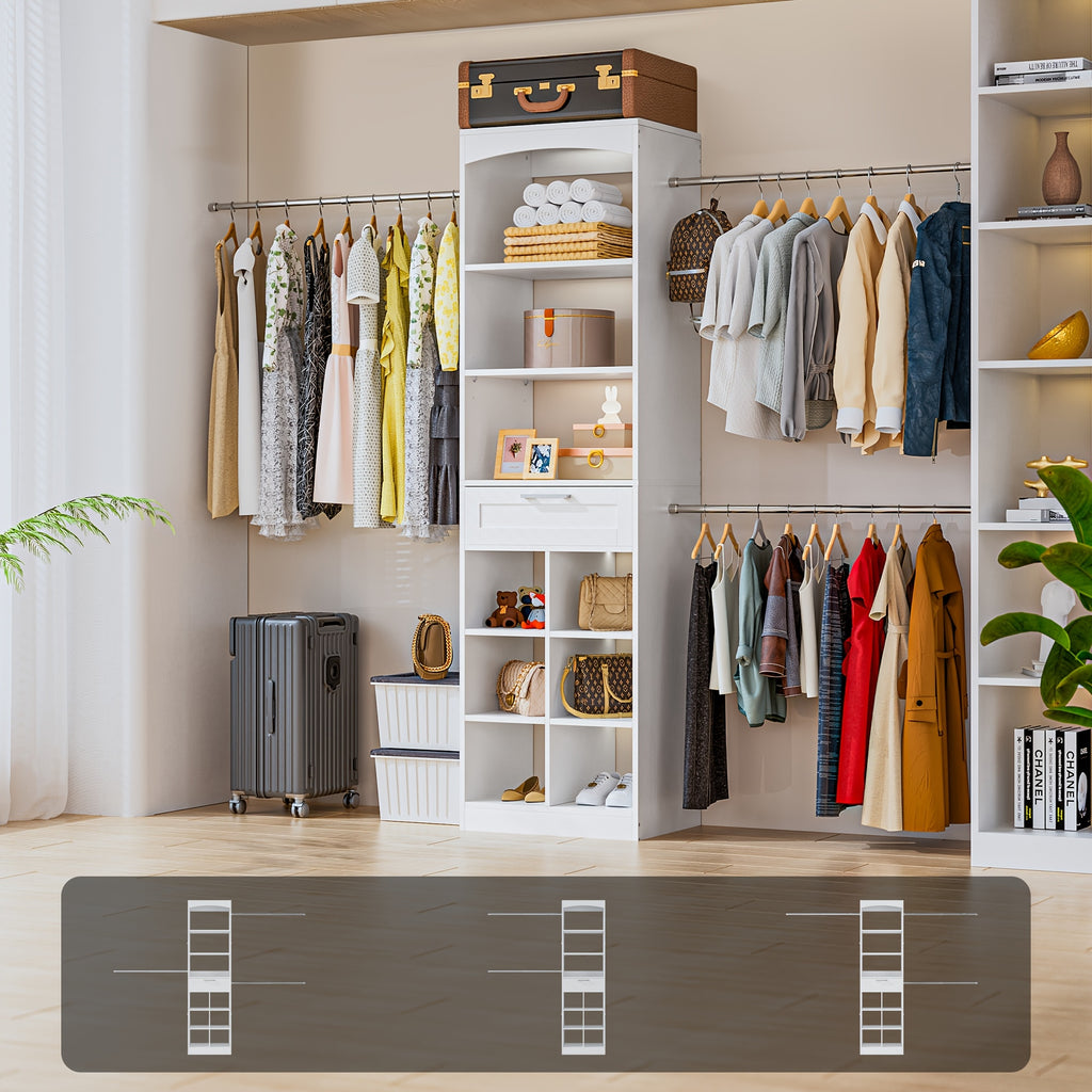 4-8ft Tall White Modern Closet System Organizer Tower with 10 Drawers & Shelves, Heavy-Duty Modular Wardrobe Storage with Hanging Rods, Fits 60-96.7" Walk-In Closets, Assembly (Space-Saving)