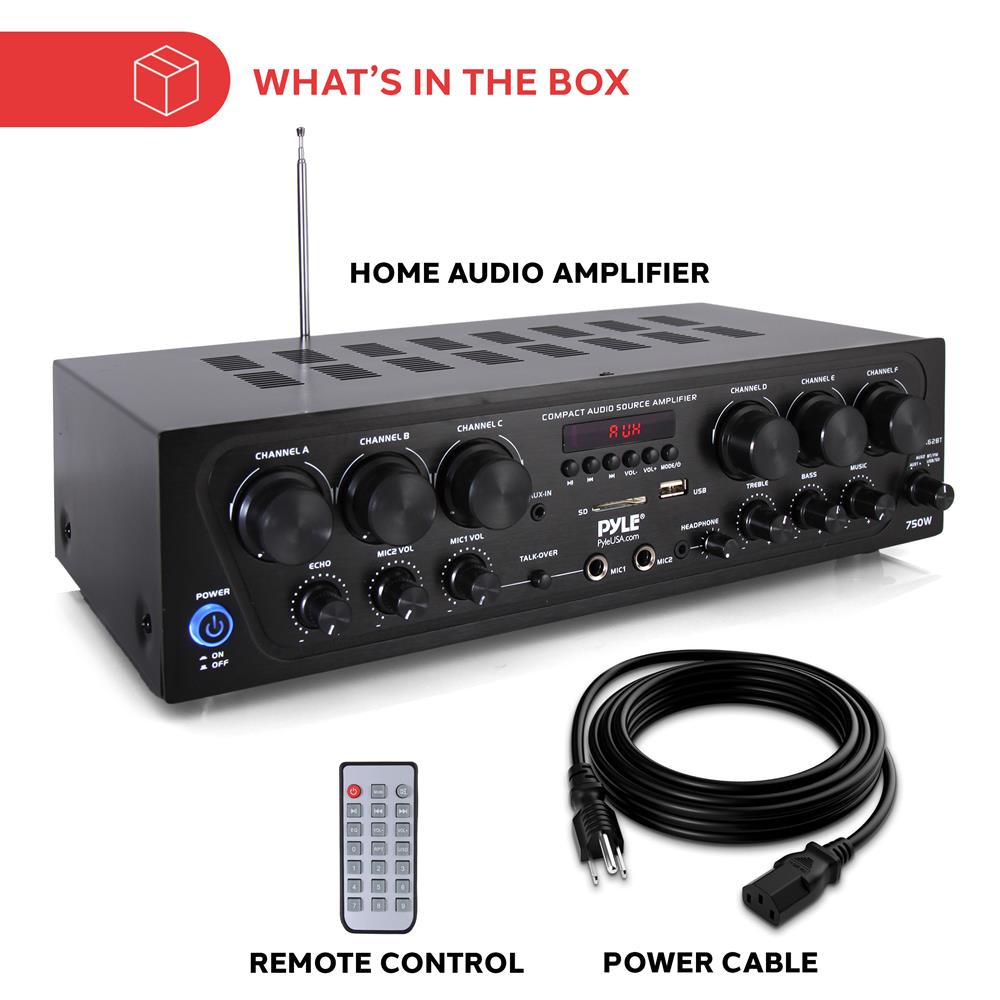 ALMOST GONE!!!!! 6-Channel Bluetooth Stereo Amplifier System with 750W Max Power Output, FM Radio with Digital LCD Display, Dual Microphone Inputs with Echo Control, USB/SD Readers, Subwoofer Output, AUX and RCA Inputs, Headphone Jack, Remote Control, Sho